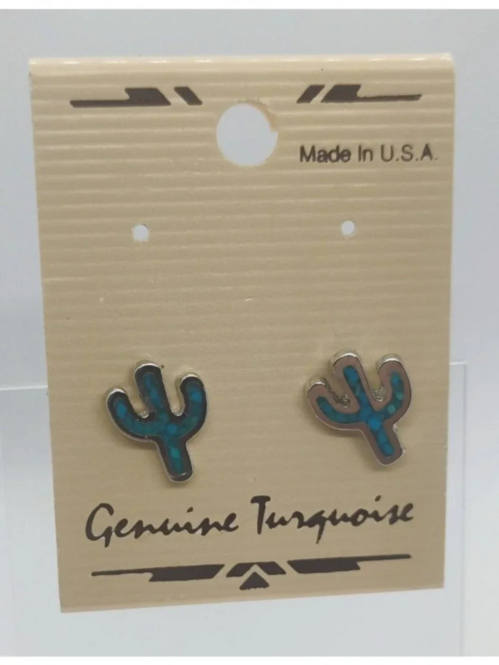 Vtg New on Card Made in USA Genuine Turquoise Cactus Earrings Silver Tone NOS